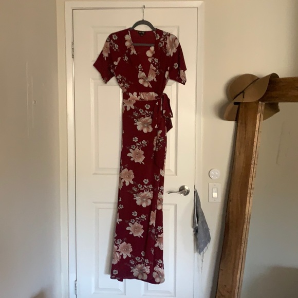 Lulus red floral floor length wrap dress. - Picture 3 of 7
